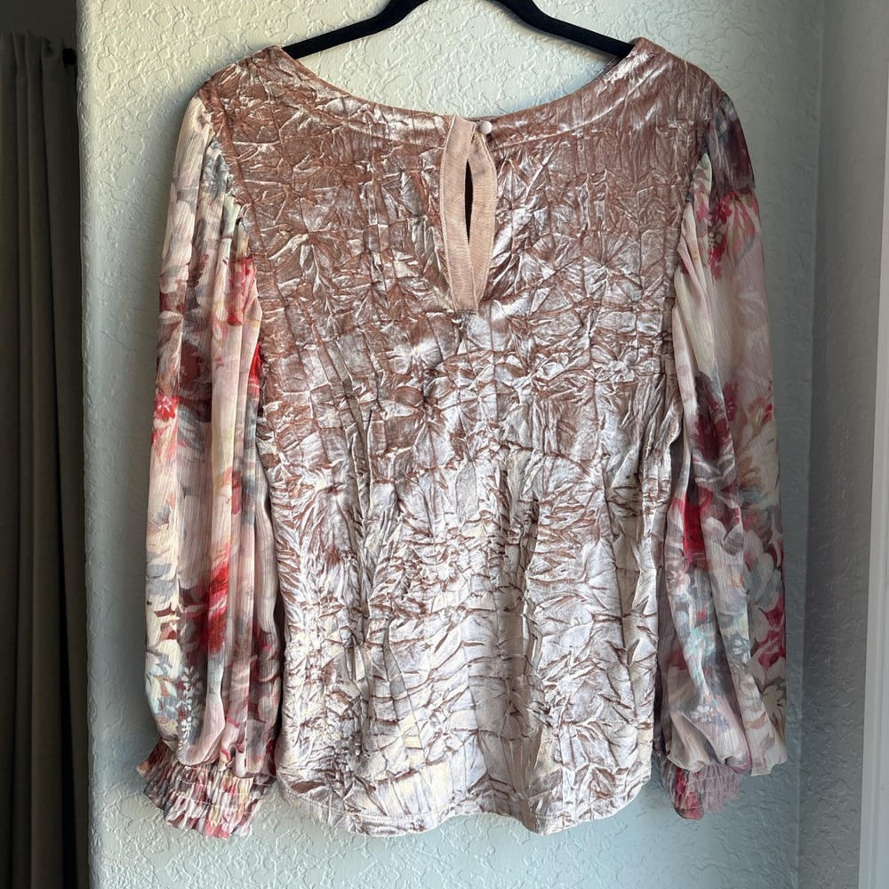 Meadow Rue Anthropologie XS Blouse Pink Velvet Floral Sheer Balloon Sleeve Chic - Picture 3 of 10